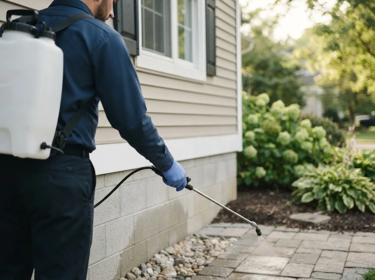 Pest control technician inspecting a home in Manchester, ME